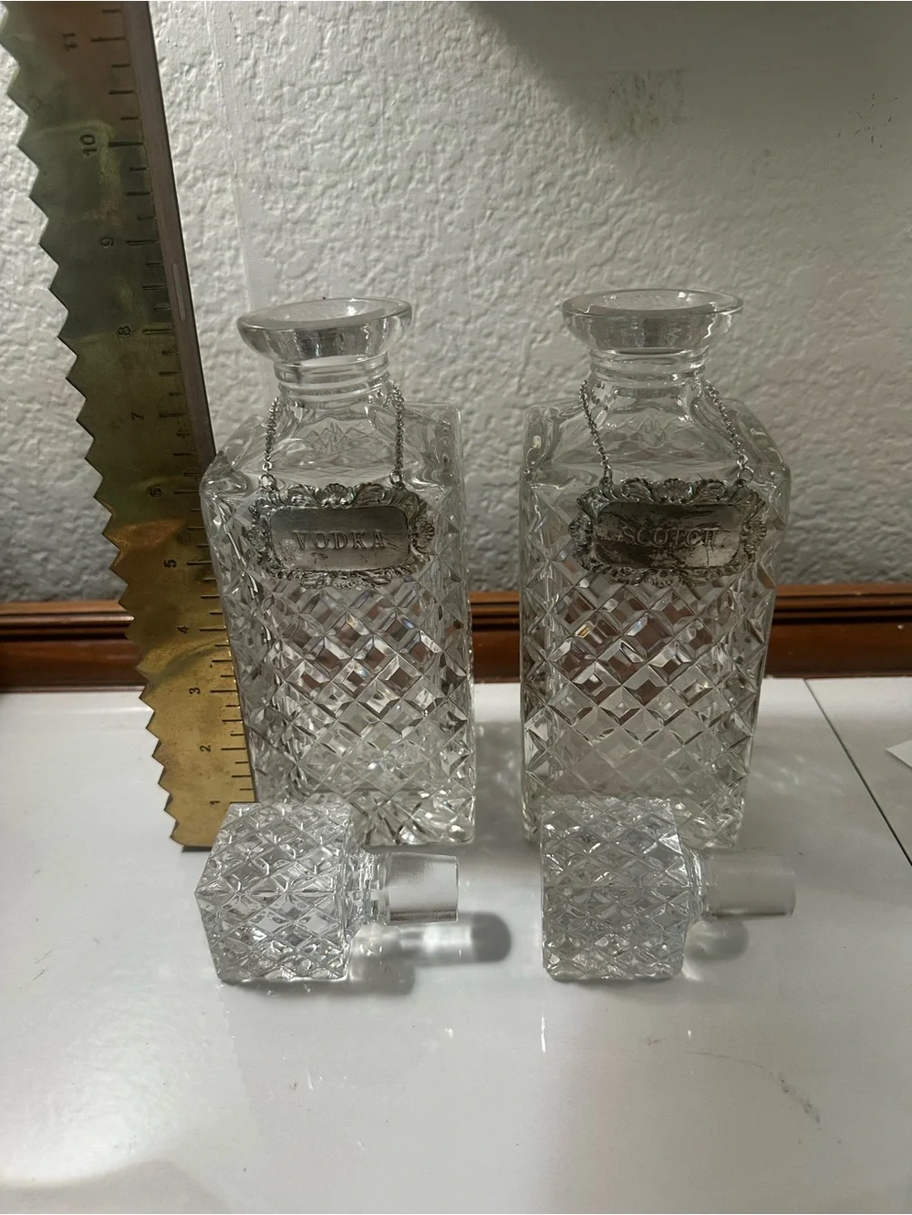 Cut Glass Square Decanters with Silver Labels - Clear Crystal